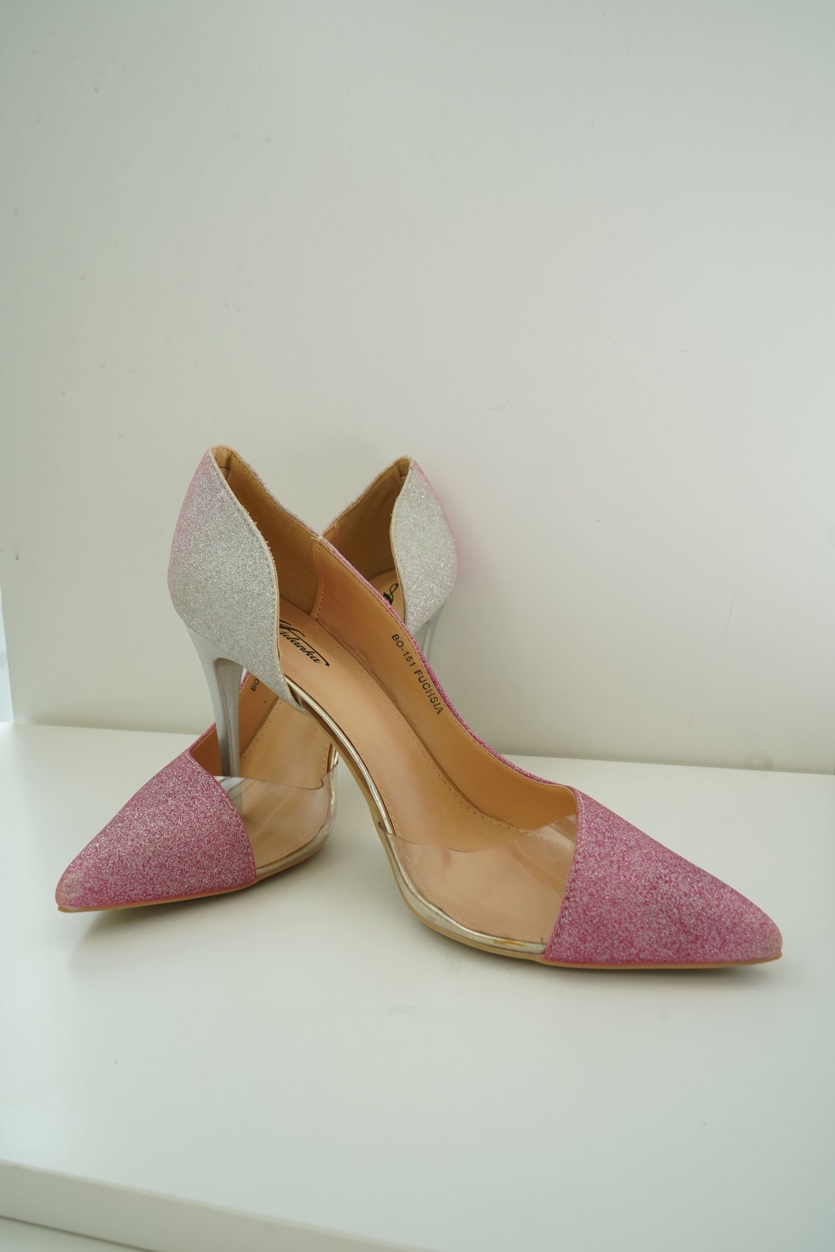 stileto rosa glitter com prata