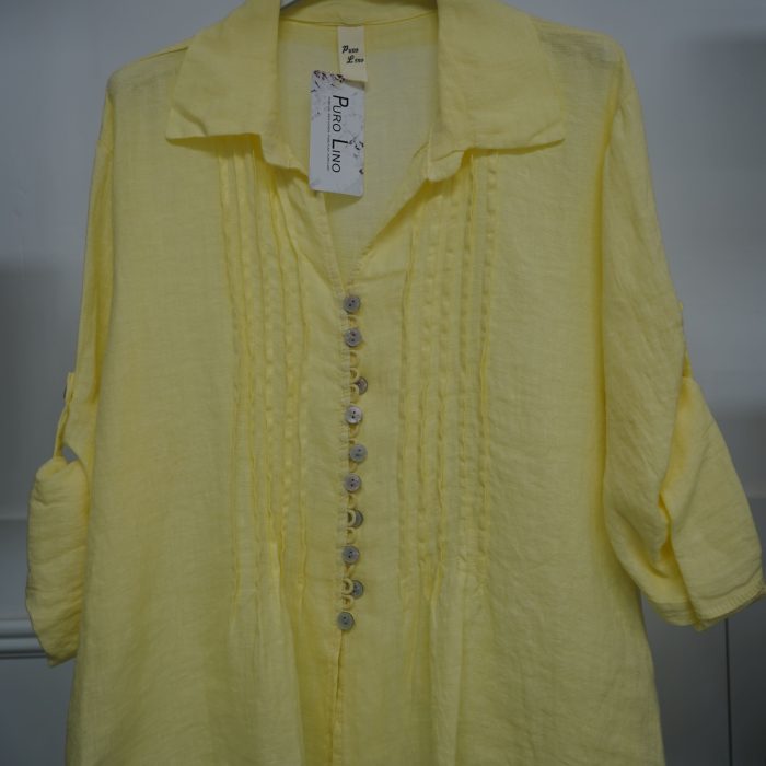 camisa linho amarela listra